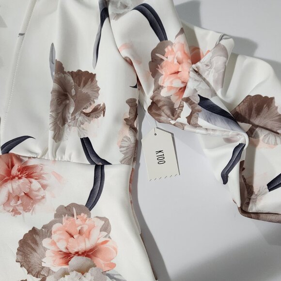 KTOO White Floral Printed Body Con Cocktail Dress with Puffy Sleeves Size L - Picture 6 of 12
